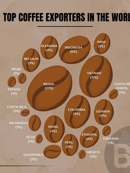 An infographic showing the top coffee exporters in the world, with Brazil, Vietnam, and Colombia leading the pack.