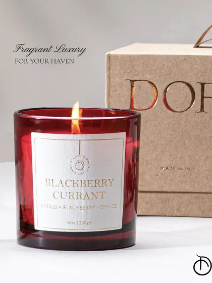 Fragrant luxury for your haven. My Ambrosial collection candle, with its Blackberry Currant fragrance, comes in a simple, elegant red glass jar with a classic label, perfect for everyday indulgence.