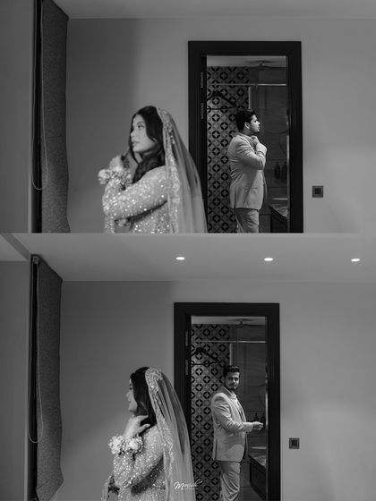 An artistic black and white collage, capturing the moments just before the first look, building a sense of anticipation and romance.