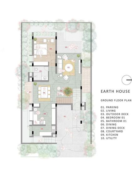 The ground floor plan for the "Terravana - Earth Villa" project. The plan clearly labels the living spaces, outdoor decks, and courtyard, illustrating our focus on creating a strong indoor-outdoor connection.