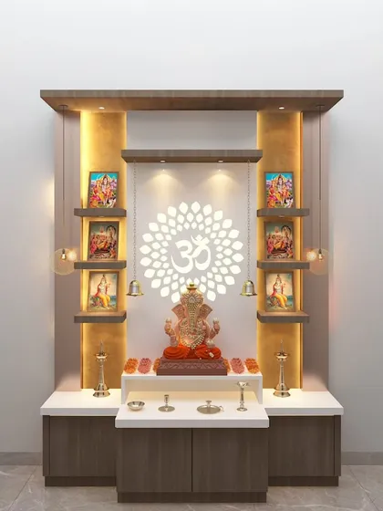 A 3D render of a modern pooja unit featuring a backlit 'Om' mandala and side shelves for displaying photos and idols. The design includes a white console with drawers for organized storage.