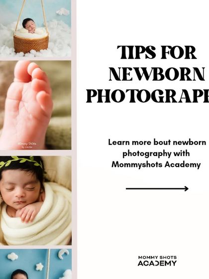 An introductory graphic for a series of newborn photography tips, backed by stunning final images.