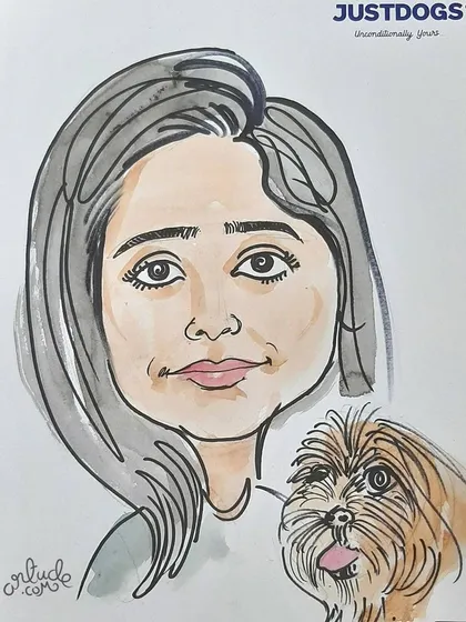 A close-up of the finished artwork featuring a guest and her dog, created live on-site.