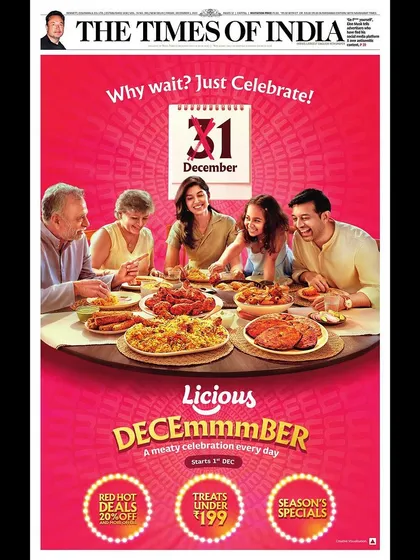 It's always a thrill to see my work in a major publication. This was a front-page print ad in the Times of India for Licious, where I played the part of a family man enjoying a celebratory meal. This kind of character work for print campaigns is something I really enjoy.