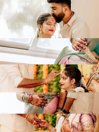 This story collage documents the key rituals of a Seemantha ceremony. From the husband placing a bindi on his wife's forehead to the blessing of the baby bump, each frame captures a meaningful and sacred tradition.