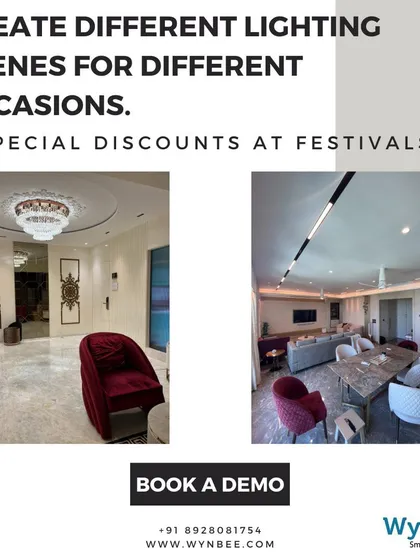 I help you create different lighting scenes for different occasions. This collage shows how you can go from a grand, brightly lit entryway with a chandelier to a modern, streamlined living and dining area with track lighting.