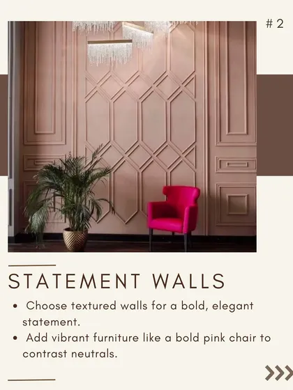 A statement wall can define an entire space. Here, I used geometric wall paneling in a soft blush tone, contrasted with a bold magenta chair, to create a sophisticated and visually engaging waiting area or boutique corner.
