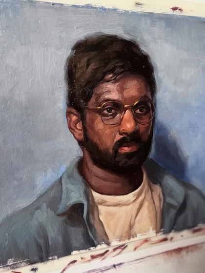 A close-up of an oil portrait, showing the detail and brushwork involved. Whether from a photo or live sitting, I aim for this level of realism and character.