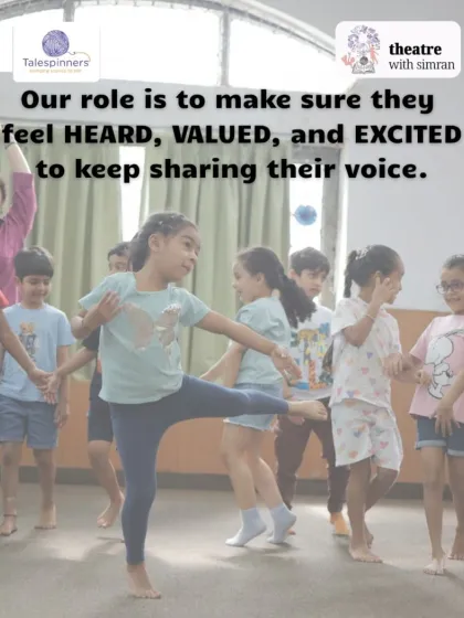 A group of young children engaged in a movement exercise. Our role is to make sure they feel heard, valued, and excited to keep sharing their voice.