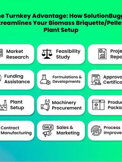 Our turnkey advantage is providing end-to-end support. This infographic lists the 12 key services we offer for setting up a biomass briquette plant, from market research and funding assistance to plant setup and sales.