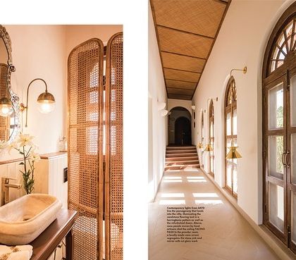 A magazine spread showing the powder room and hallway of the Loto Bianco villa, highlighting the use of cane and natural materials.