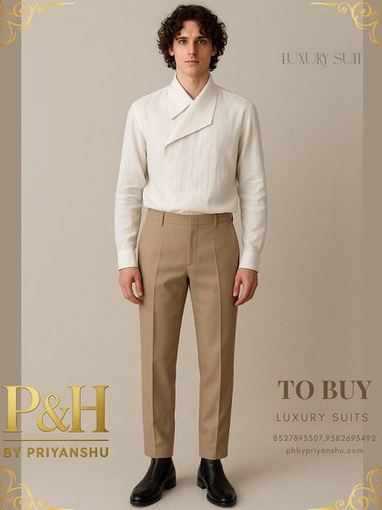 A showcase of refined casualwear. A model wears a bespoke off-white linen shirt with a unique, experimental wrap collar, paired with perfectly tailored beige trousers for a sophisticated look.