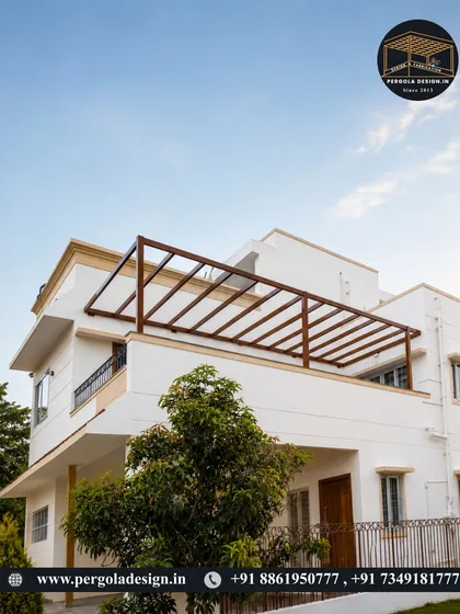 A modern terrace transformation in progress. The bare aluminum frame with a wood finish is installed, ready for the glass roof panels.
