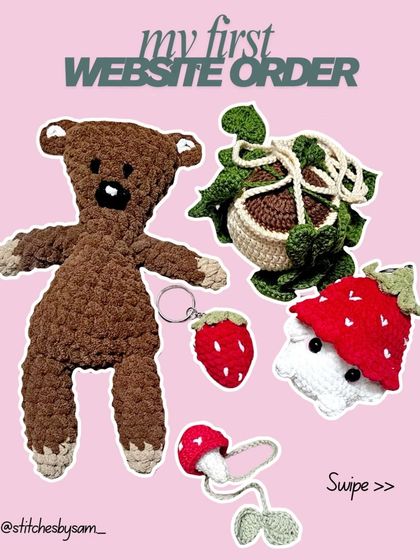 This image shows my first ever website order, which included a custom Mr. Bean's Teddy, a turtle costume, a strawberry mushroom boy, and a strawberry keychain. It was such a fun and varied order to work on.