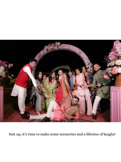 A fun and chaotic group photo with friends and family, capturing the playful spirit of the carnival theme.