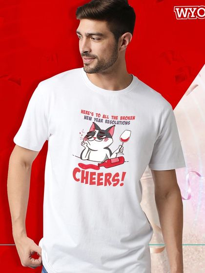 "Here's to all the broken new year resolutions. Cheers!" A sarcastic and funny cat-themed t-shirt for those who know the reality of New Year's goals.