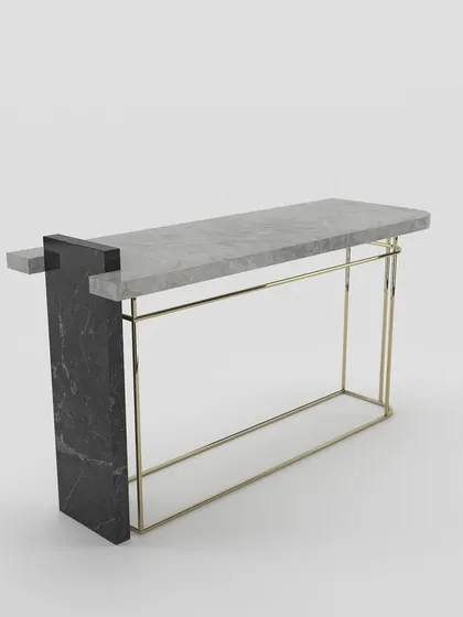 This angle shows the unique construction where the black marble slab acts as a support, creating a visually interesting and structurally sound piece.