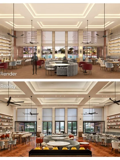 This comparison shows the journey of the Elevate Clubhouse from a digital render to the final built environment. It highlights my commitment to precision and execution, ensuring the initial design vision is translated into reality with integrity and attention to every detail.