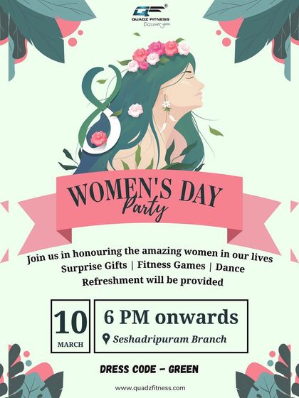 An invitation to our special Women's Day party. We planned an evening of fitness games, dance, and gifts to honor the amazing women in our community.