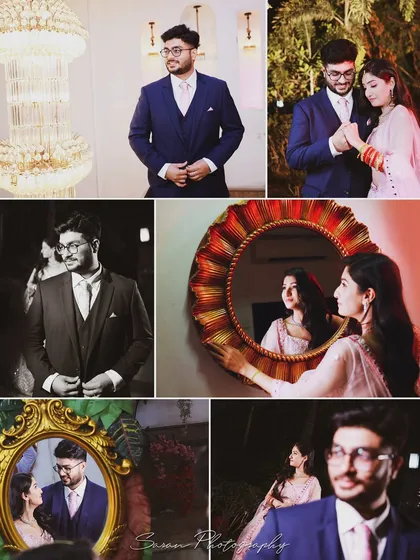 A multi-photo collage from an engagement, showcasing various creative and candid shots of the couple.