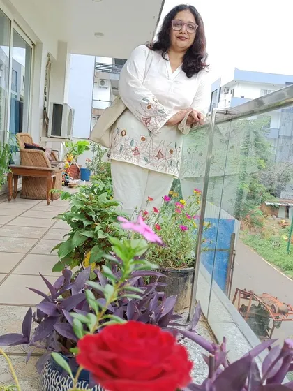 Another happy client enjoying the comfort and chic style of her custom-made linen co-ord set.