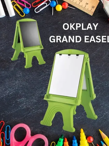 Unleash your child's inner artist with the OK Play Grand Easel. This dual-sided board, with a chalkboard and a whiteboard, is a perfect platform for drawing, writing, and creative expression.