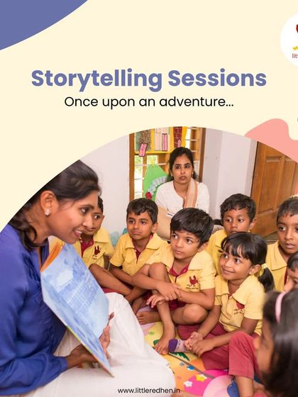 A teacher engages a small, attentive group of children during a storytelling session. We use these moments to build vocabulary, improve listening skills, and transport children to worlds of adventure.