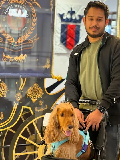 Posto posing like royalty in front of a wedding collection display.