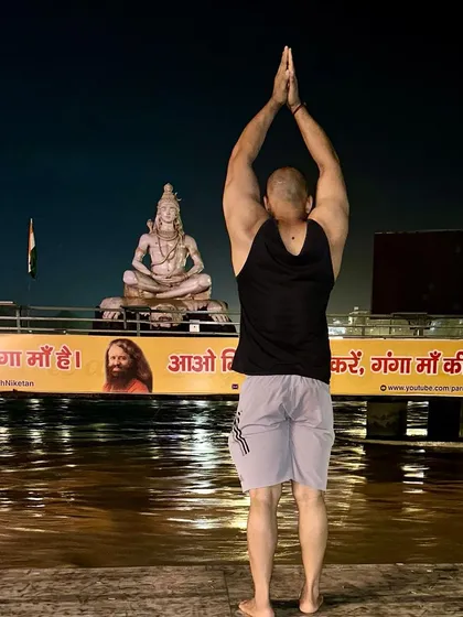 Paying my respects to Lord Shiva on the banks of the Ganga. Physical discipline and spiritual discipline are two sides of the same coin.