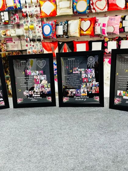 A lineup of completed birthday frame orders, ready to be shipped. Each one is uniquely customized for the recipient, making it a truly personal and thoughtful gift.