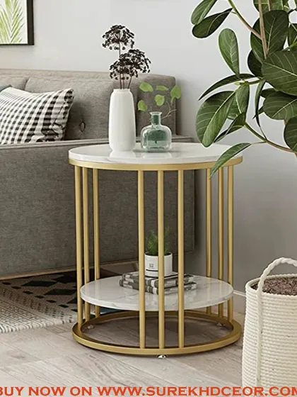 This round side table offers two tiers of white marble surfaces, providing extra storage and display space. The golden steel frame adds a touch of elegance, making it a perfect addition to any living room or bedroom.