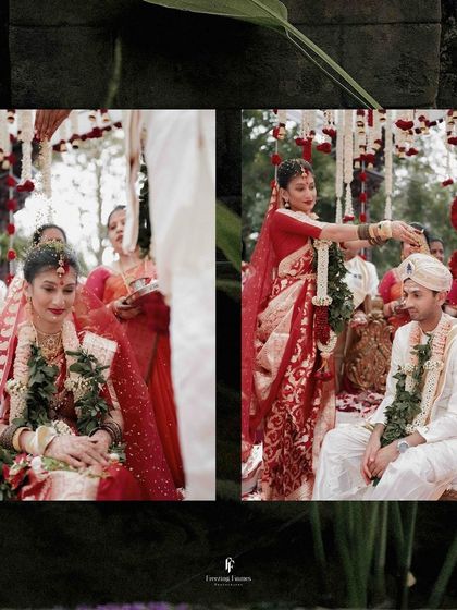 A diptych capturing the bride and groom during a key moment in their wedding ceremony, as she pours sacred grains.