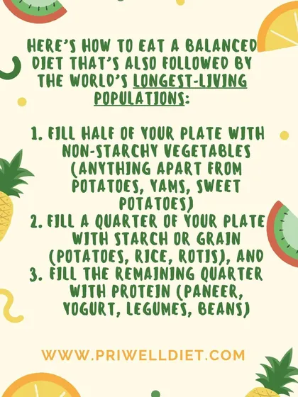 This is my simple 'balanced plate' method that I teach families. Fill half the plate with vegetables, a quarter with grains like roti or rice, and the final quarter with protein like dal, paneer, or yogurt. It’s an easy visual rule to ensure a nutritious meal every time.