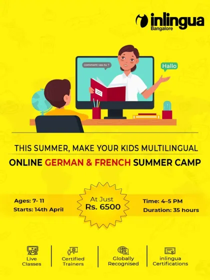 Give your child the gift of a new language with our online summer camp. This graphic details our German and French program for kids aged 7 to 11, including the 35-hour duration, live class format, and affordable pricing. It's a perfect way to introduce them to a new culture and skill.
