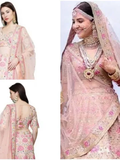 Get the coveted celebrity wedding look for less. This collage showcases my rental version of the famous Anushka Sharma bridal lehenga, a beautiful pastel pink creation with detailed floral embroidery.