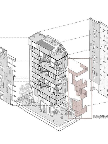 An exploded axonometric drawing of the J-House, revealing its complex internal structure. The diagram shows the duplex and triplex houses, the internal courtyards, and the sliding, folding screen systems that form the building's protective outer skin.