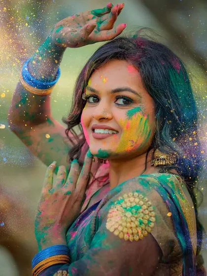 A beautiful portrait pose that showcases the vibrant colors on the model's face and clothing.