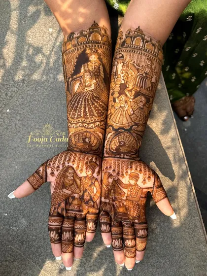 This heavy bridal design is packed with intricate figures, including multiple couple portraits and wedding ceremony scenes. It's a testament to detailed storytelling through mehendi.