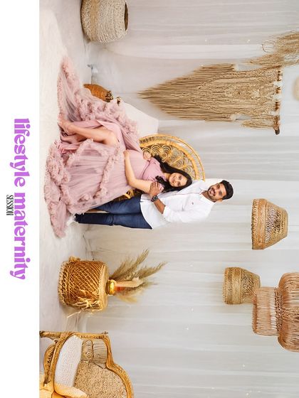 A rotated "lifestyle maternity" collage showing a couple in a cozy, boho-chic studio setting. The unconventional layout is eye-catching and modern.