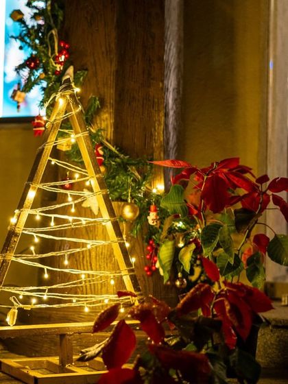 We believe in sustainable celebrations. This close-up shows our alternative Christmas tree, crafted from wood and adorned with warm fairy lights and festive poinsettias.