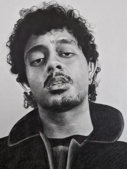 A commissioned portrait of a popular musician, showcasing my skill in capturing curly hair and intense expressions.