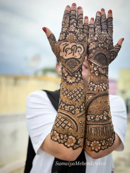 The back of the hands are just as important as the palms. Here, I've created a full bridal design that features a name in Arabic calligraphy, surrounded by dense, traditional Indian mehendi patterns.