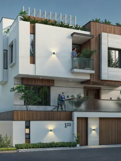 A beautiful 3D render showcasing a modern facade with wood cladding, stone textures, and large glass windows, perfect for visualizing a dream home.