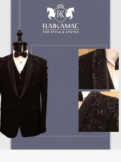 This collage presents a black tuxedo with intricate tonal embroidery on the shoulders and lapels. It’s a subtle yet luxurious option for any formal event.