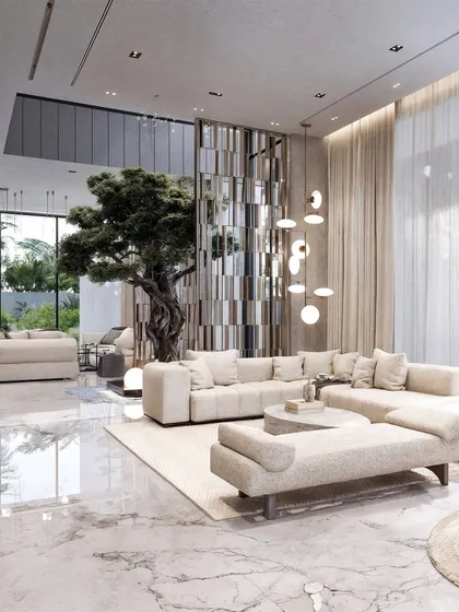 An expansive view of the Dubai Hills residence, demonstrating the grand scale and the harmonious arrangement of multiple seating areas.