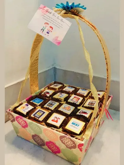 A basket full of personalized chocolates, a sweet and unique gift for Raksha Bandhan.