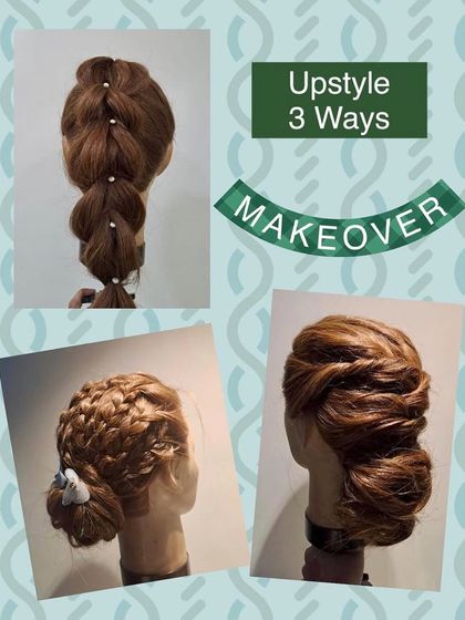 Three different ways to create a beautiful upstyle, demonstrated on a mannequin. This shows the versatility of updos, from braided buns to elegant twists.