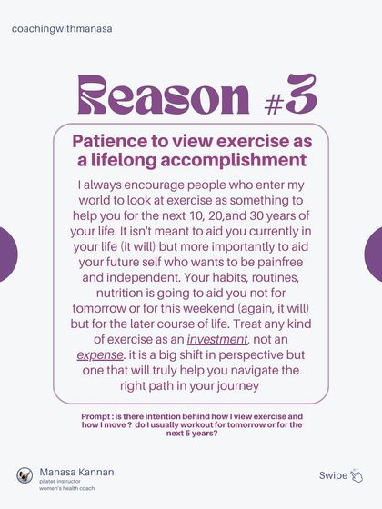 The third reason is viewing exercise as a lifelong accomplishment. The habits you build today are an investment in your future self, helping you stay pain-free and independent for years to come.