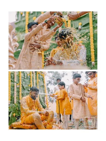 A collage showing the groom's Haldi ceremony, filled with laughter, splashes, and the involvement of younger family members, making it a truly joyous occasion.