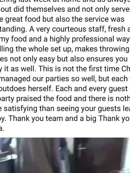 A screenshot of a detailed review from a client of five years. They praise our courteous staff, fresh food, and professional setup that makes hosting parties easy and enjoyable for them.